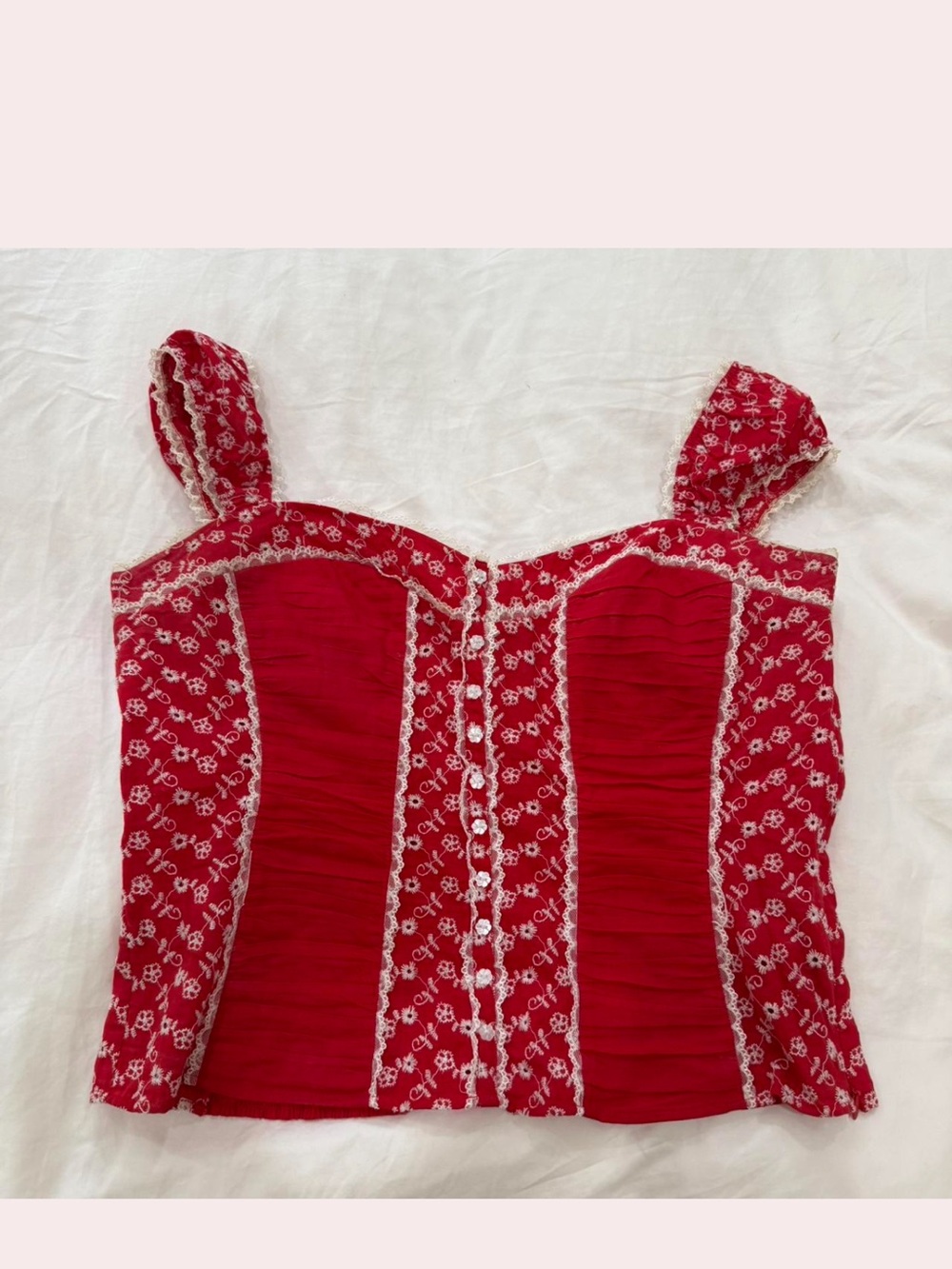 Bebe Red and White Floral Embroidered Eyelet Lace Corset Tank Top